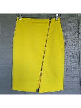 J.Crew Bright Yellow Pencil Skirt Gold Two-Way Front Zip Knee Length Preppy. 00P